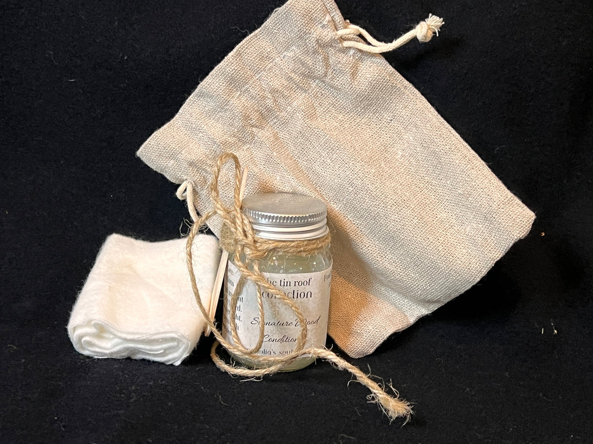 Beeswax and mineral oil wood conditioner with white care cloth included with the olive wood board.