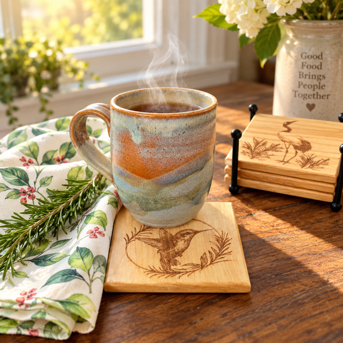 Engraved Bird Coaster Set | Handcrafted Poplar Wood – Set of 4
