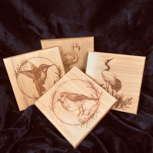 Engraved Bird Coaster Set | Handcrafted Poplar Wood – Set of 4