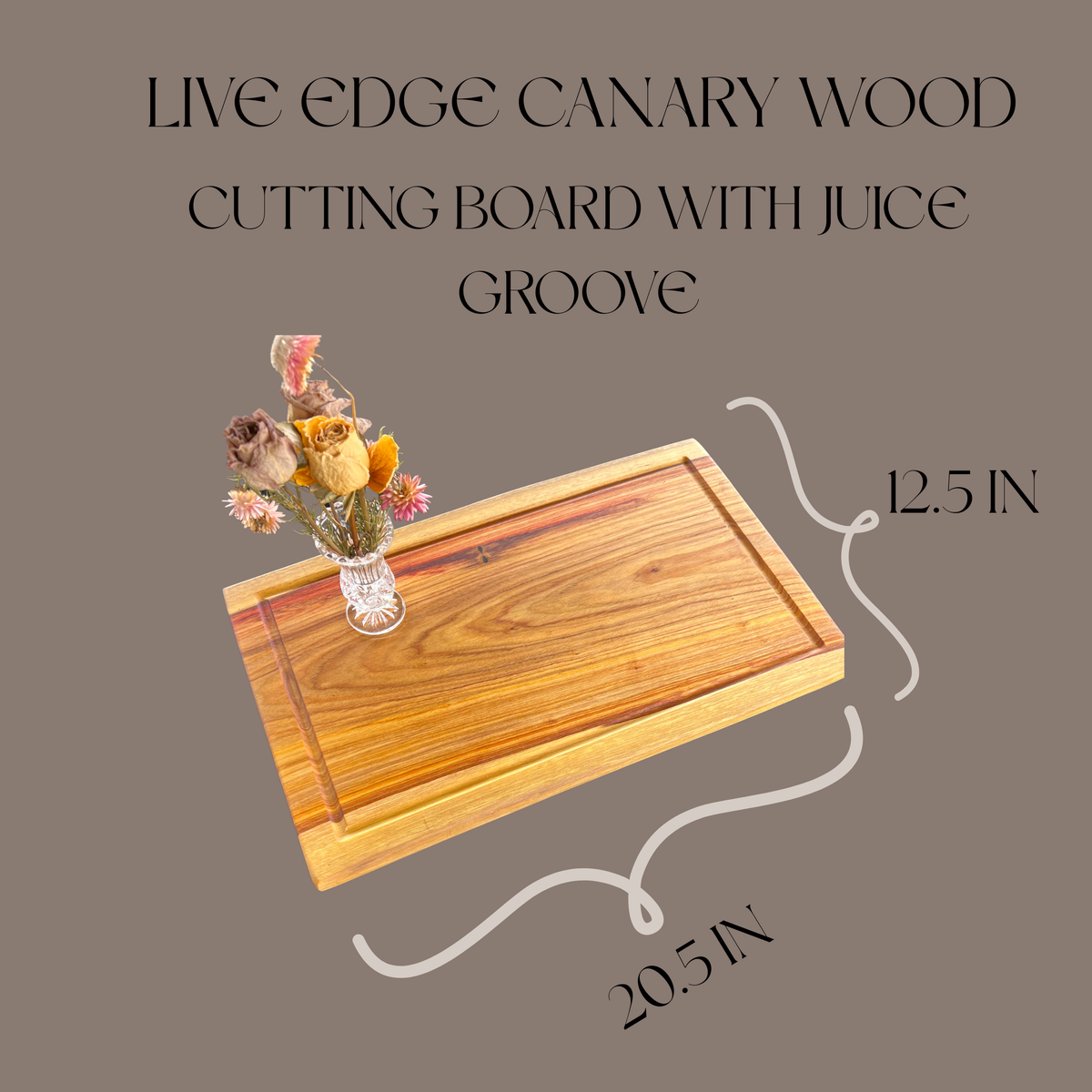 Handcrafted Live Edge Canarywood Cutting Board with Juice Groove